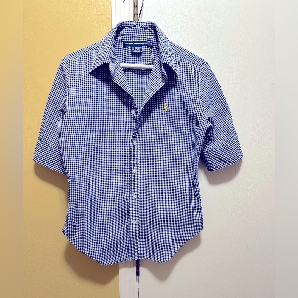 RALPH LAUREN SPORT WOMEN GINGHAM COTTON 3/4TH SLEEVE BUTTON DOWN SHIRT(8)